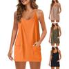 Женское летнее платье без рукавов с открытой спиной и V-образным вырезом, свободное однотонное платье с накладными карманами выше колена, мягкое дышащее пляжное мини-платье