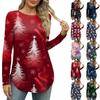 Womens Long Sleeve Round Neck Shirts Side Split Basic Loose  Christmas Print Casual Shirts