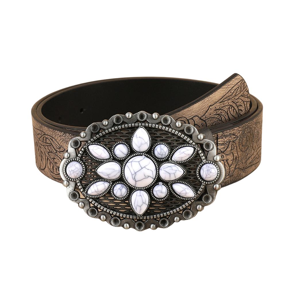 Cowboy Belt Vintage White Stone Buckle Belt Engraved Flower Belt Embossed Leather Belt Vintage Western Belt Jeans Belt