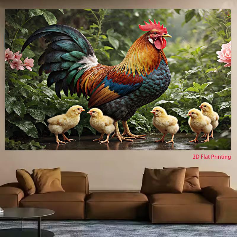 2D Garden Backdrop Vibrant Rooster with Yellow Chicks and Green Foliage Background