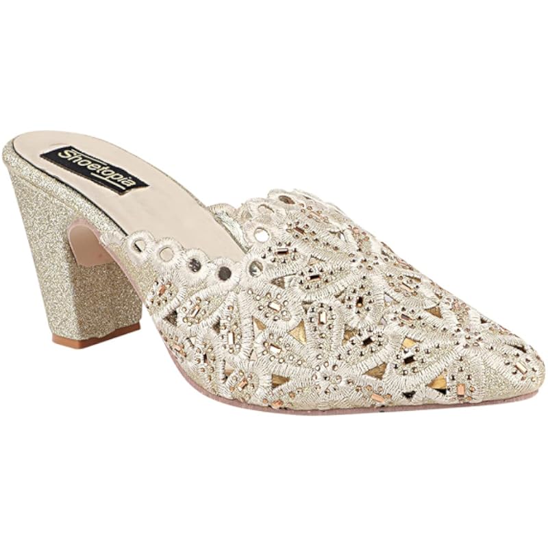 Женские золотые mules Shoetopia с вышивкой и блочным каблуком, этнические сандалии-слипоны с блестящей отделкой и ажурными деталями
