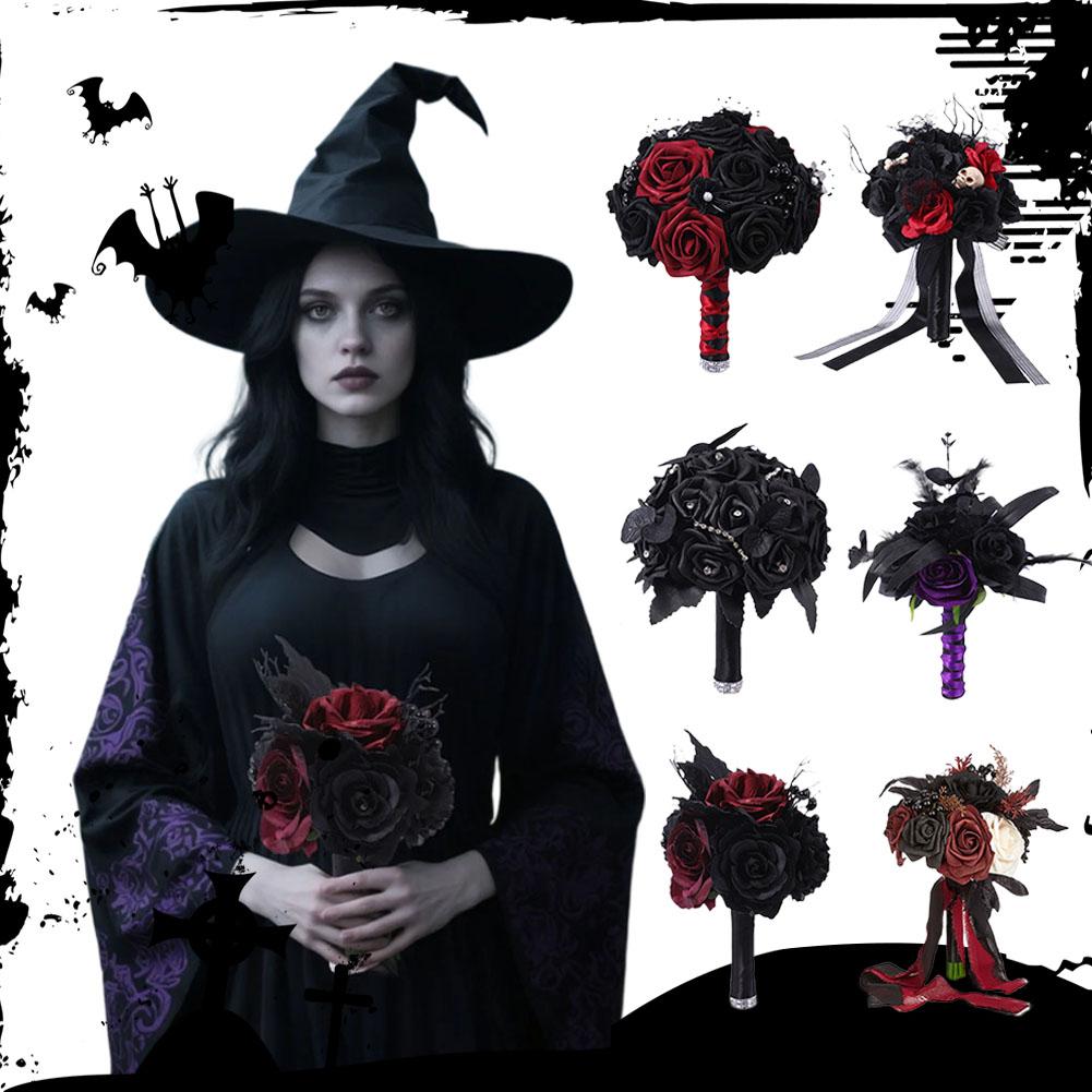 Black Burgundy Gothic Bridal Bouquets for Bride Bridesmaids Artifiicial Silk Foam Roses Flower Wedding Bouquet Halloween E2W5