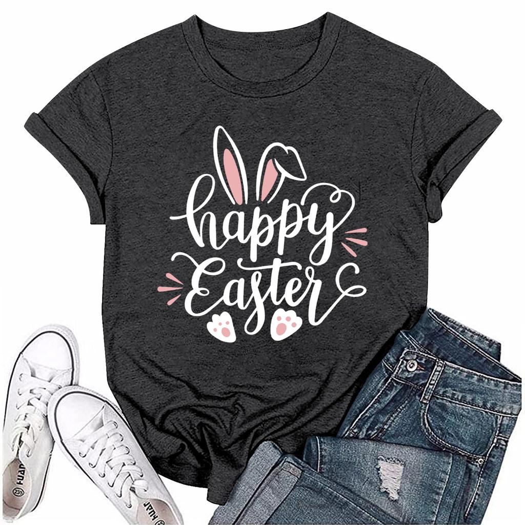 Женская модная пасхальная принтованная повседневная плиссированная круглая футболка с коротким рукавом