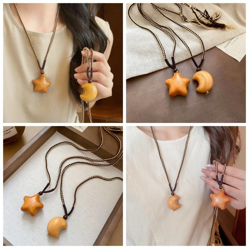 Pendant Wooden Star Moon Necklace Bohemian Style Couple Friends Choker Wood Clavicle Chain Gift