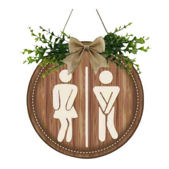 Wooden Toilet Sign Artificial Green Leaves Wall Decor Bathroom Sign Gender Tags Rustic Bathroom Sign with Lanyard for Home Cafe Restaurant Bar