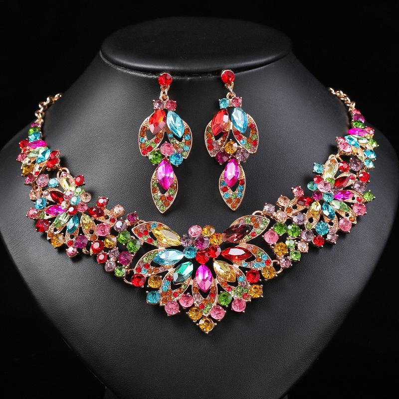 Dress Jewelry Necklace Earrings Two-Piece Set Colorful Flowers Bride Vintage Premium Design