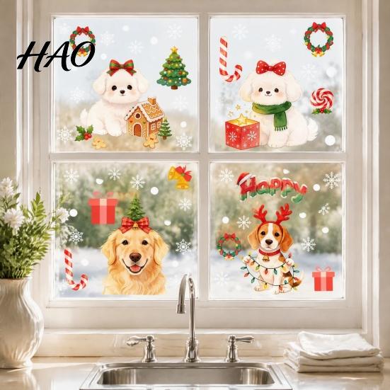 Festive Glass Decorations Cute Dog Christmas Static Window Stickers, Waterproof PVC Holiday Decals for Home Removable Film Store Glass, Puppy