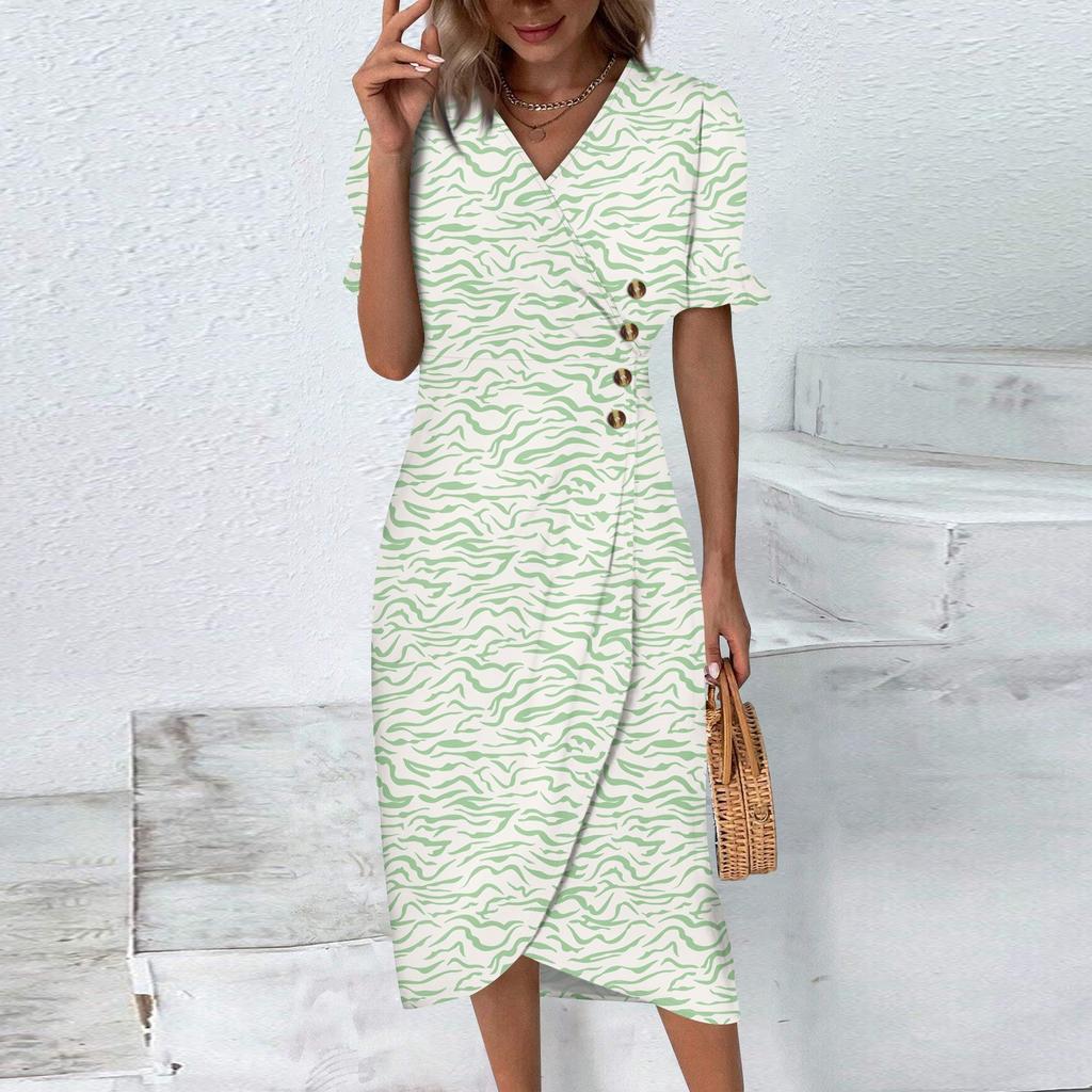 Women's Summer Casual Dress V Neck A-line Boho Ditsy Floral Flounce Sleeve Wrap Hem Dress