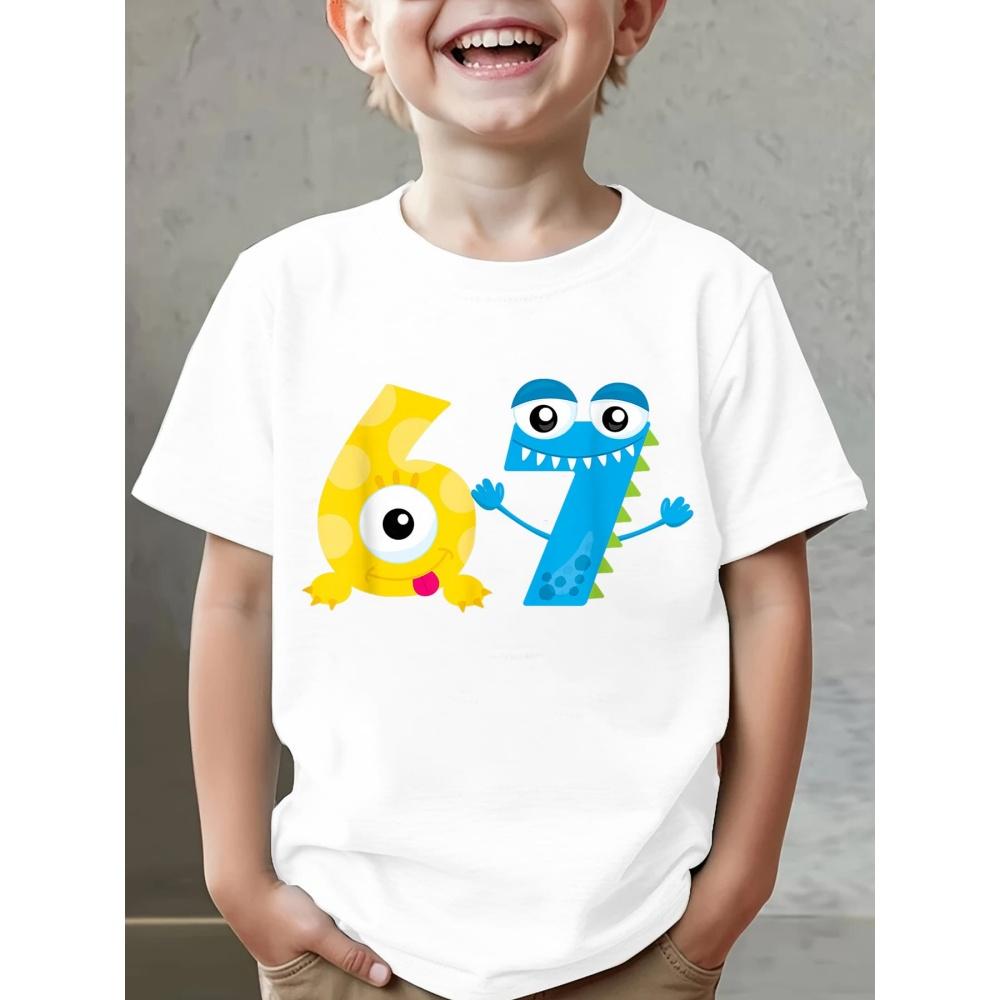 Мальчиковая футболка с графическим 3D-принтом числа 67, удобный топ с коротким рукавом и круглым вырезом, летняя повседневная спортивная детская футболка