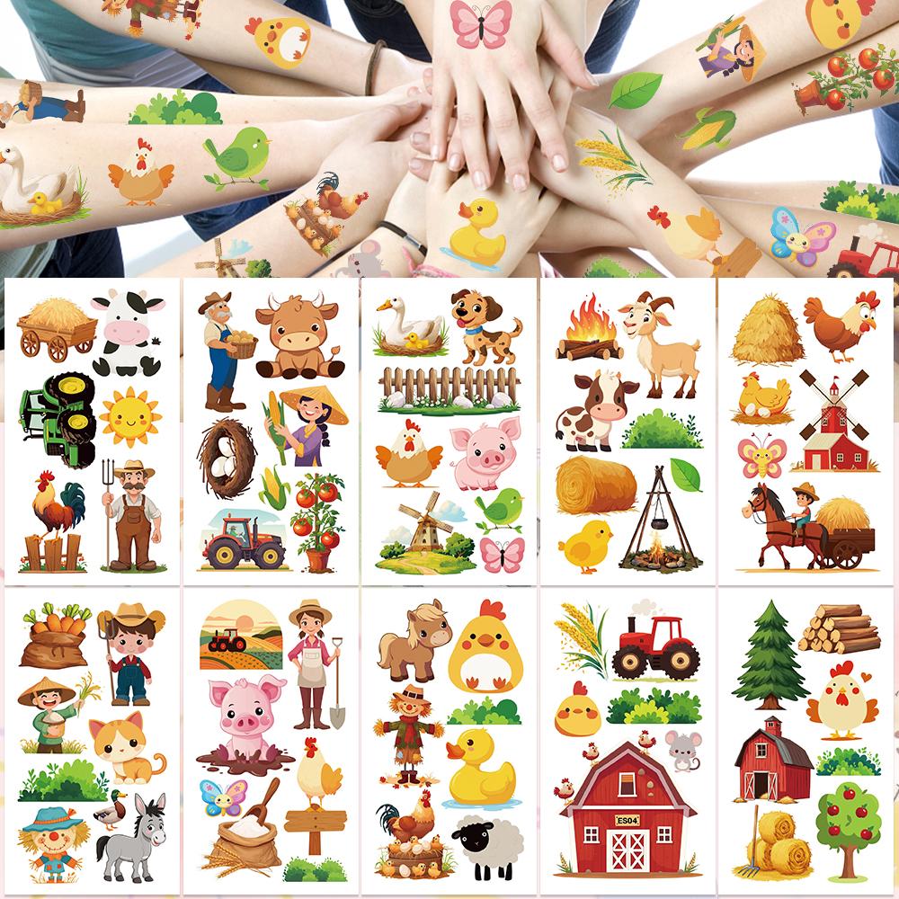 10 листов забавных наклеек с изображением животных на ферме для рук, тела, рук, временные поддельные водонепроницаемые наклейки для татуировок для детей, креативные подарки