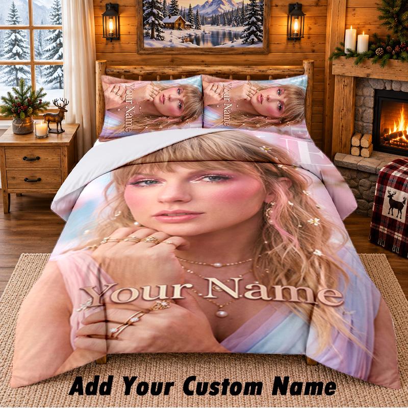 Taylor Swift Pattern Bedding 3Pcs Set Custom Name, Bed Sheet And Pillowcases For Home Bedroom