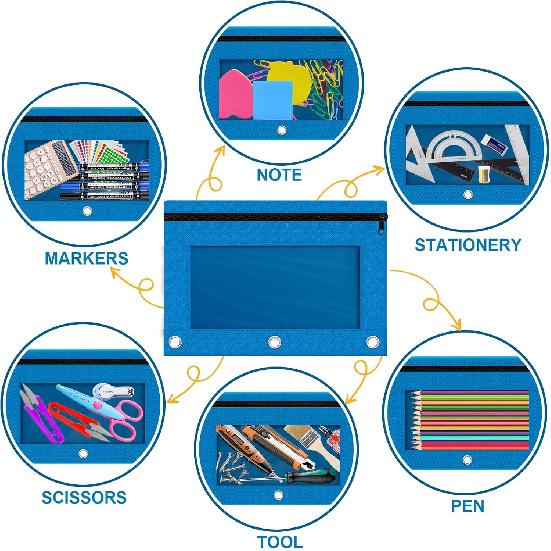 Pencil Pouch for 3 Ring Binder, Bulk 6 Pack 3 Hole Zipper Pencil Pouches with Clear Window, Pencils Bags in Assorted Colors, Sturdy and Durable Cloth