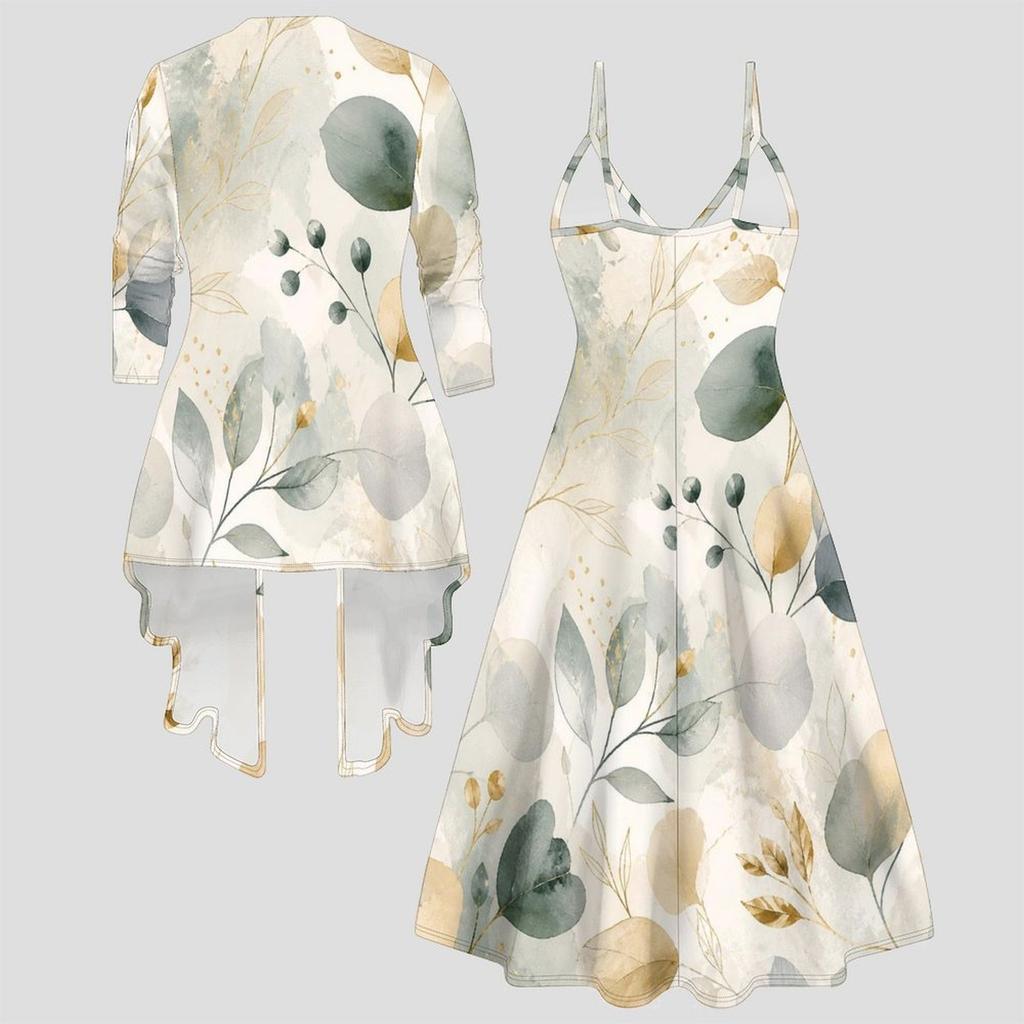 Women Plus Size Two Piece Outfit Long Sleeve Open Cardigan Cami Maxi Dress