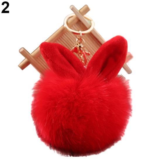 Cute Faux Fur Rabbit Ear Soft Pom Pom Ball Key Ring Chain Keychain Bag Decor