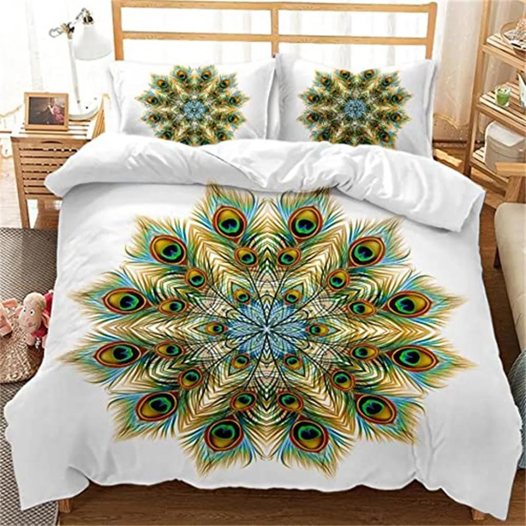 Dark Blue Peacock Feather Duvet Cover Feather Elegant Theme Chic Floral Quilt Cover for Women Teen Boys Girls Bedroom Decoration