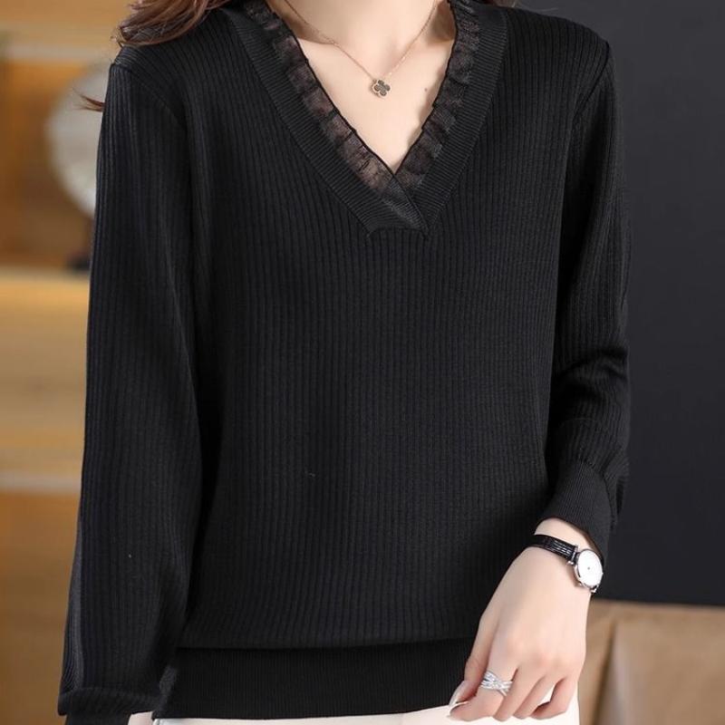 Весенне-осенняя мода кружевной V-образный вырез с длинными рукавами вязаный свитер тонкий свитер топ базовая рубашка для женщин