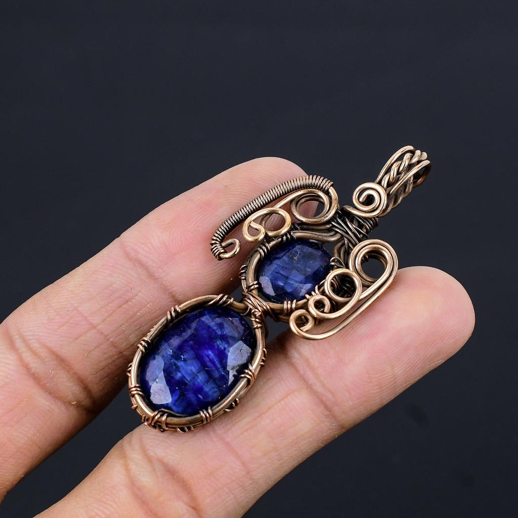 Кулон с синим сапфиром, Кулон с драгоценным камнем ручной работы, Кулон, обернутый медной проволокой 999 пробы, Антикварное украшение, Для подарка на помолвку