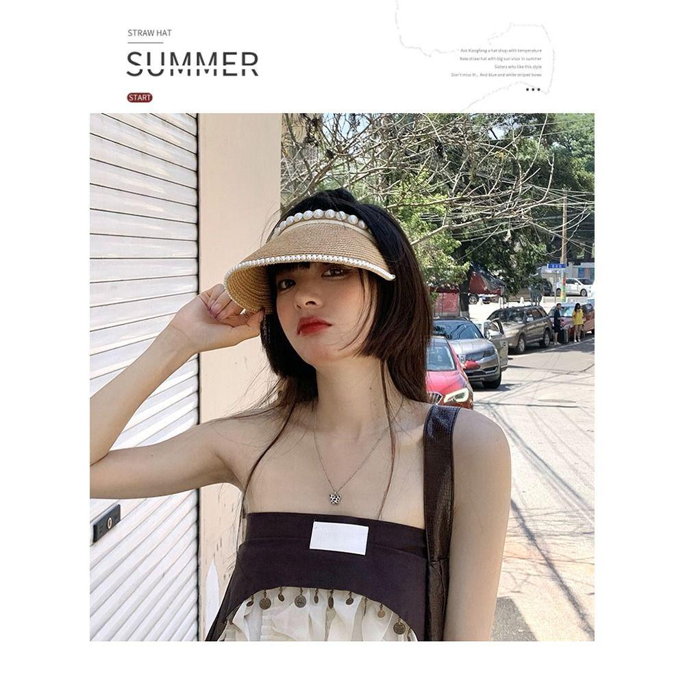 Wide Brim Sun Hat Pearl Decorated Straw Hat Imitation Pearl Beach Hat UV Protection
