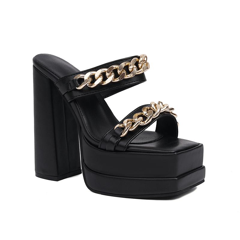 Sexy High Heels Women Slippers Platform 2025 Summer Slides Mules Shoes Party Dance Chain Black Red Sandals Large Size Brand