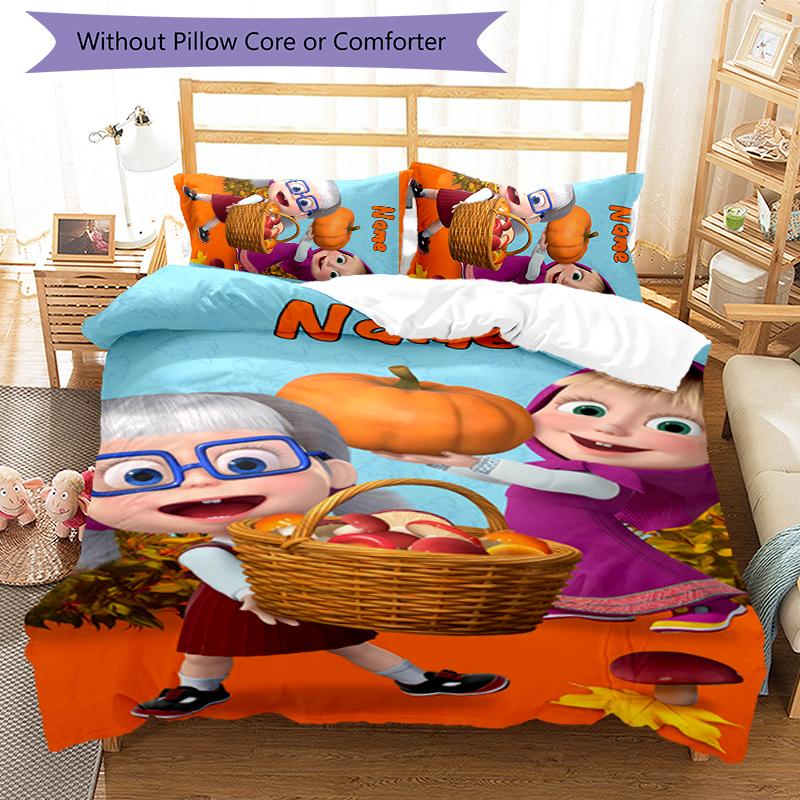 3pcs Custom Name Cartoon Masha and the Bear Bedding Set Duvet Cover Closure Includes 1 Duvet Cover & 2 Pillowcases for All Seasons Bedroom Decor