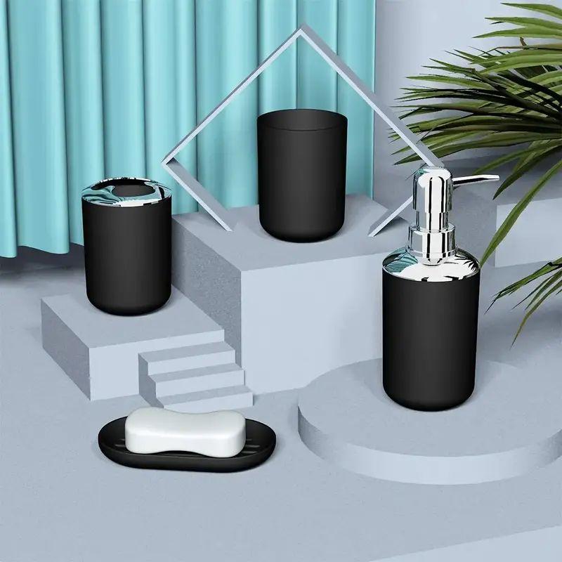 4pcs Bathroom Set, Plastic Gift Set, Toothbrush Holder, Toothbrush Cup, Soap Dispenser, Soap Dish (Gray, Black)