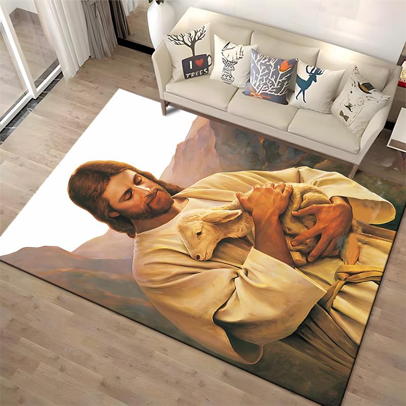 Gentle shepherd with lamb motif rug Non-slip rug suitable for living room and bedroom sofas.