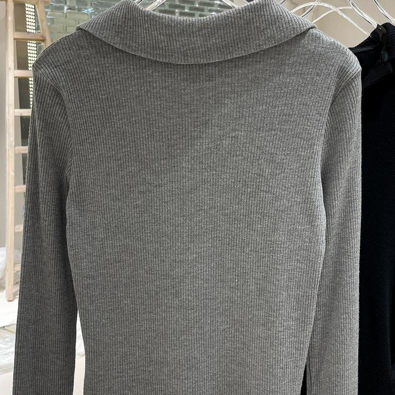 Футболка с лацканами, женская осенне-зимняя вязаная рубашка поло, однотонная эластичная трикотажная майка, вязаный пуловер, свитер