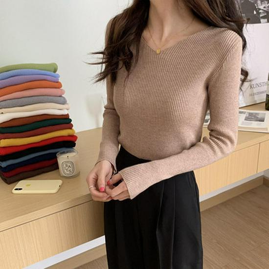 Женский облегающий трикотажный свитер с V-образным вырезом: Модный, с длинными рукавами, теплый для осени и зимы