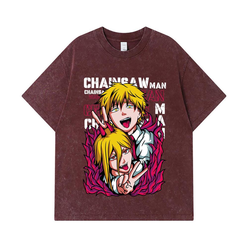 275 GSM Washed T-shirts 100% Cotton Chainsaw Man V39 Denji Power Print Unisex Heavy Cotton T Shirt