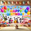 Playful Panda Trio Celebrating with Colorful Balloons, Rainbow Arch and Festive Happy Birthday Lettering, Vibrant Flat-Design Backdrop for