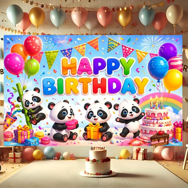 Playful Panda Trio Celebrating with Colorful Balloons, Rainbow Arch and Festive Happy Birthday Lettering, Vibrant Flat-Design Backdrop for