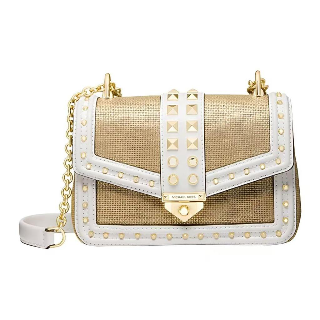 Michael Kors MK Soho Винтажная сумка через плечо с заклепками, клапаном, цветовыми блоками и цепочкой, для работы, холст, кожа, женские сумки, коричневый, белый 30T1G1SL5K-OPTPL GOLD
