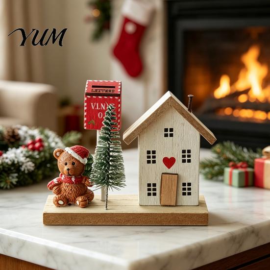 Cute Doll Christmas Ornament Set Mini Village House Figurine, Winter Scene with Snowman Gift for Family Bear & Mailbox, Nordic Style Desktop Tabletop