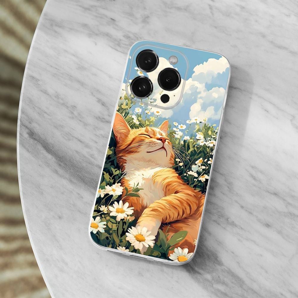 Милый Арт Кот Мультяшный Чехол Для iPhone 17,11,12,13,16,14,15,Pro,Max,Plus,X,XS,XR,SE,Mini Прозрачный Мягкий Силикон