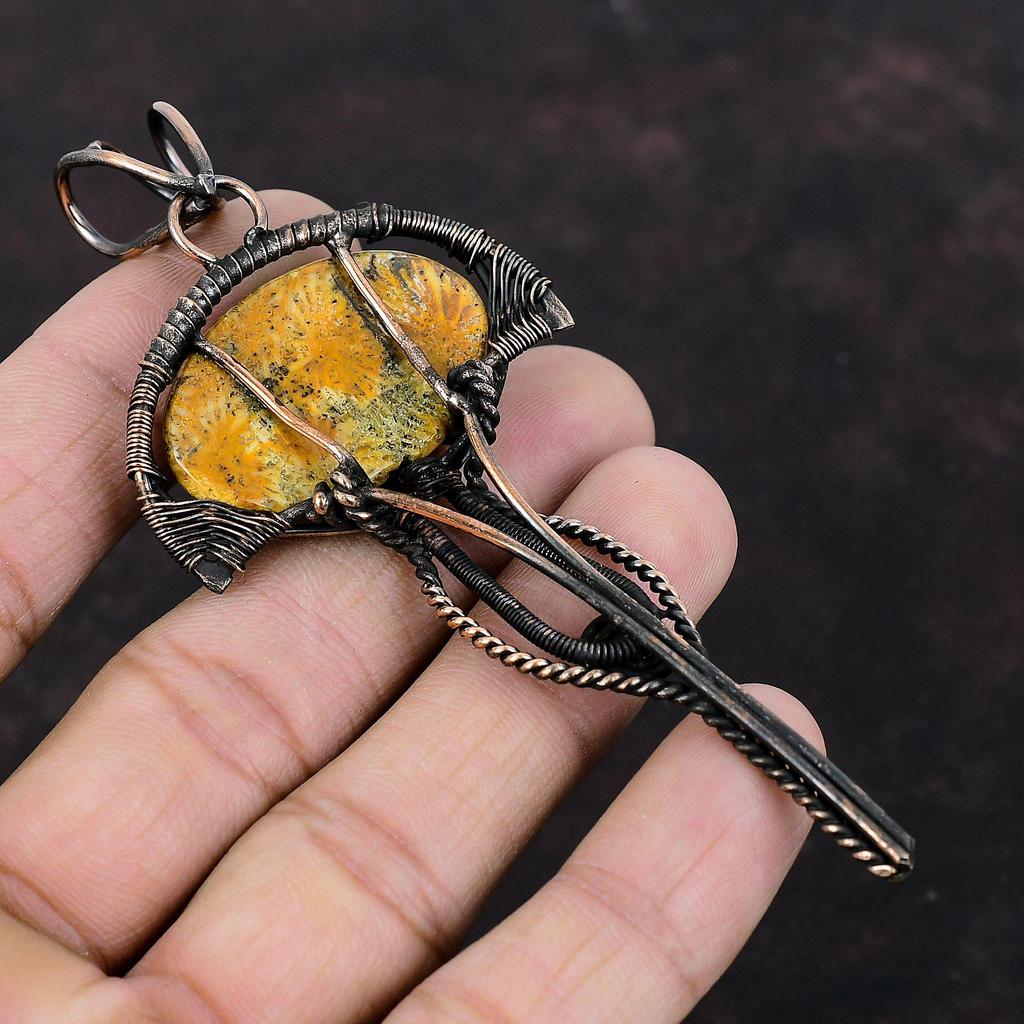 Подвеска из ископаемого коралла, подвеска из медной проволоки, драгоценный камень, ручная работа, медные украшения, стильный кулон, натуральный ископаемый коралл, подарок для мамы