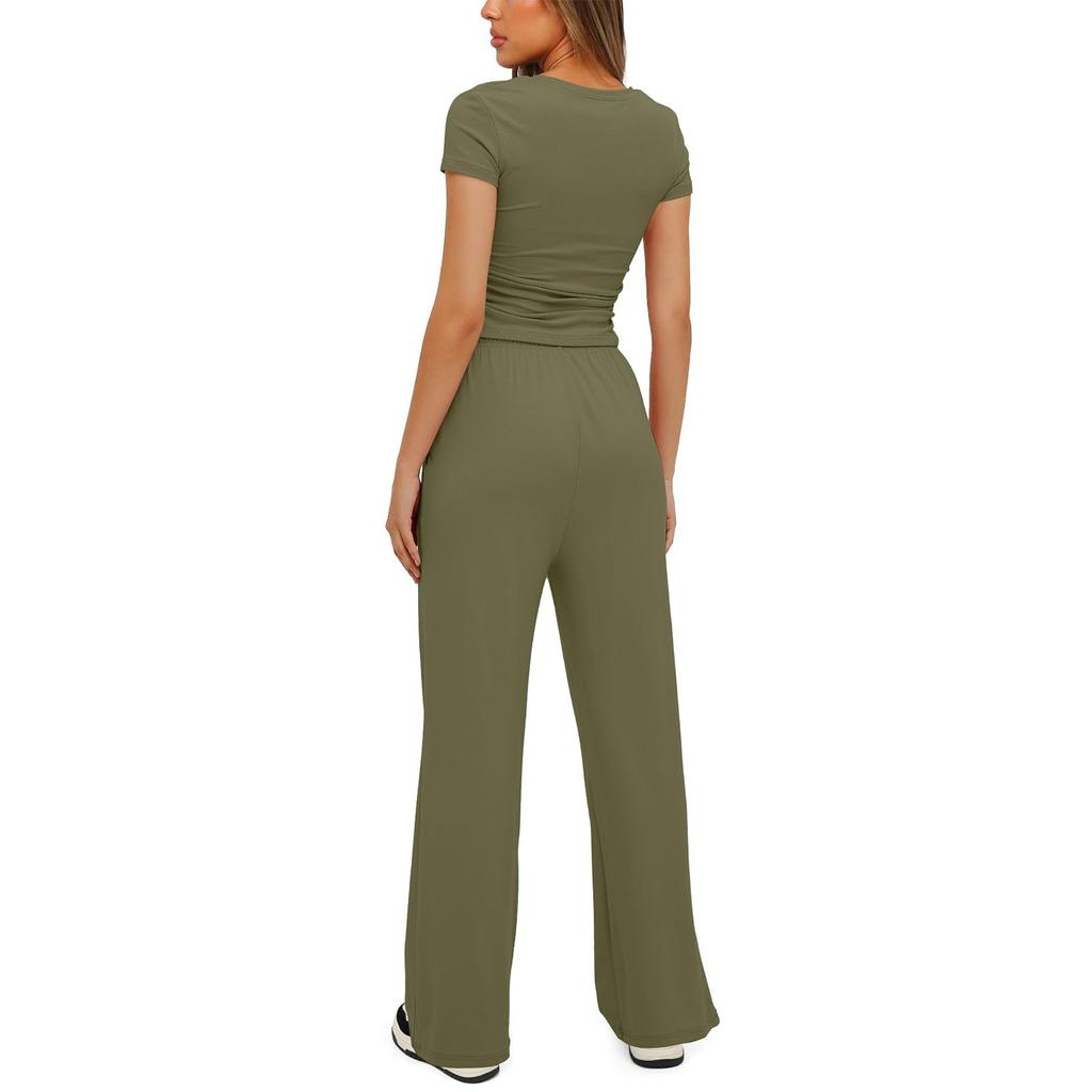 Women 2 Piece Outfits Sets Summer Short Sleeve Ruched Tops And Wide Leg Pants Tracksuit Matching Outfits