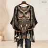 Women Plus Size Round Neck Batwing Sleeve Loose Skull Printed Black Gold Side Slit Top