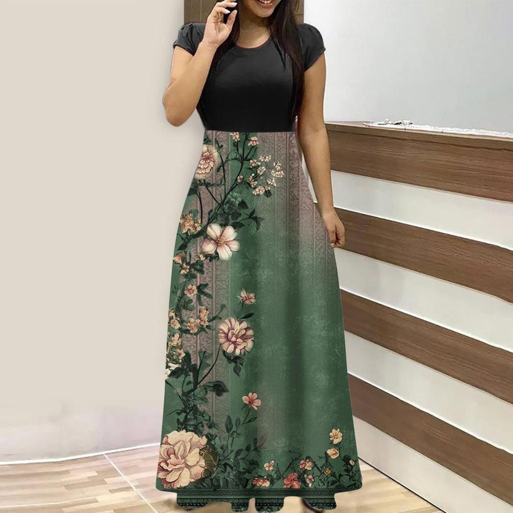 Женская мода повседневные свободные принтованные платья с круглым вырезом и коротким рукавом длинные платья с коротким рукавом длинные платья