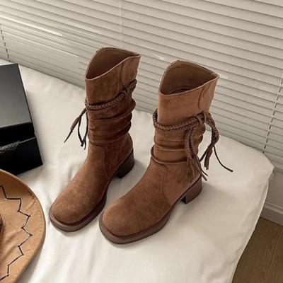 Модные весенне-осенние этнические современные сапоги с кисточками до середины икры на квадратном каблуке, женская обувь на распродаже 2025, модные сапоги на среднем каблуке с круглым носком