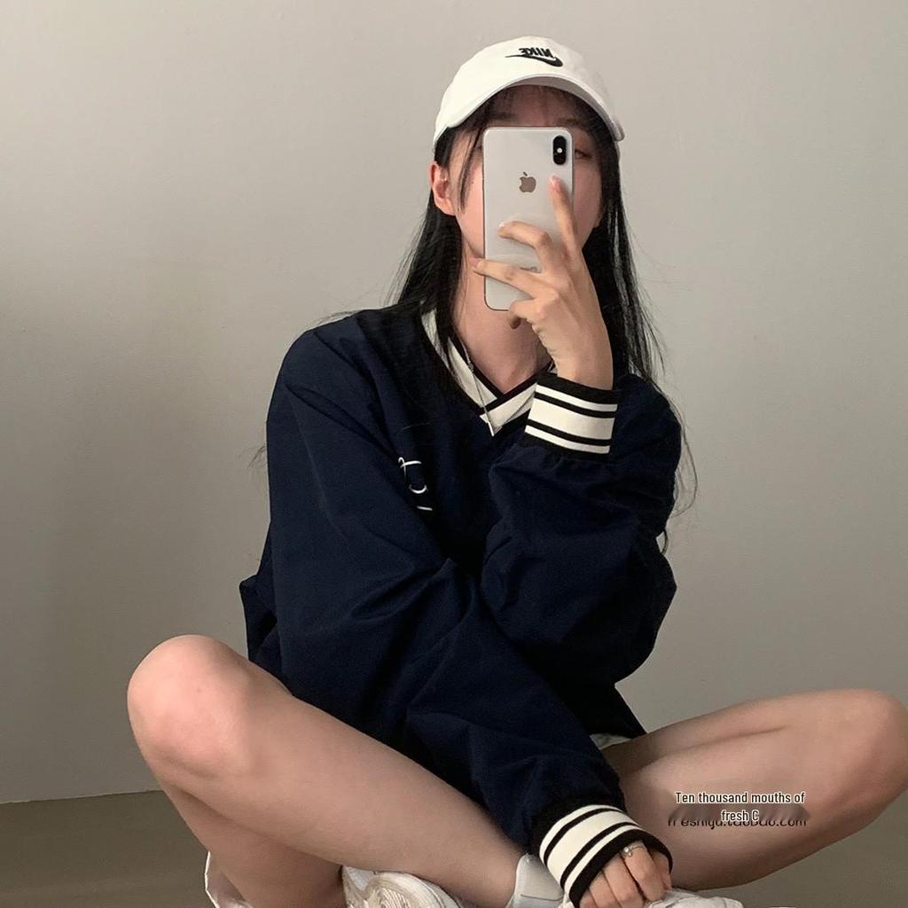 Темно-синий свитшот для бейсбольной девушки с V-образным вырезом и цветными блоками - Повседневный свободный крой, Тонкий с длинным рукавом