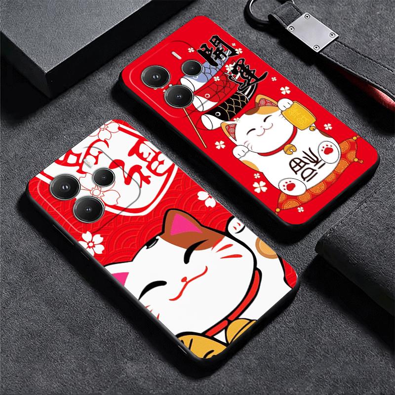 Lucky Cat Maneki Neko Japanese Soft Phone Case for Xiaomi Redmi Note 12 13 14 15 Pro Plus 11 12S 11S 11T 10 4G Black Cover Back