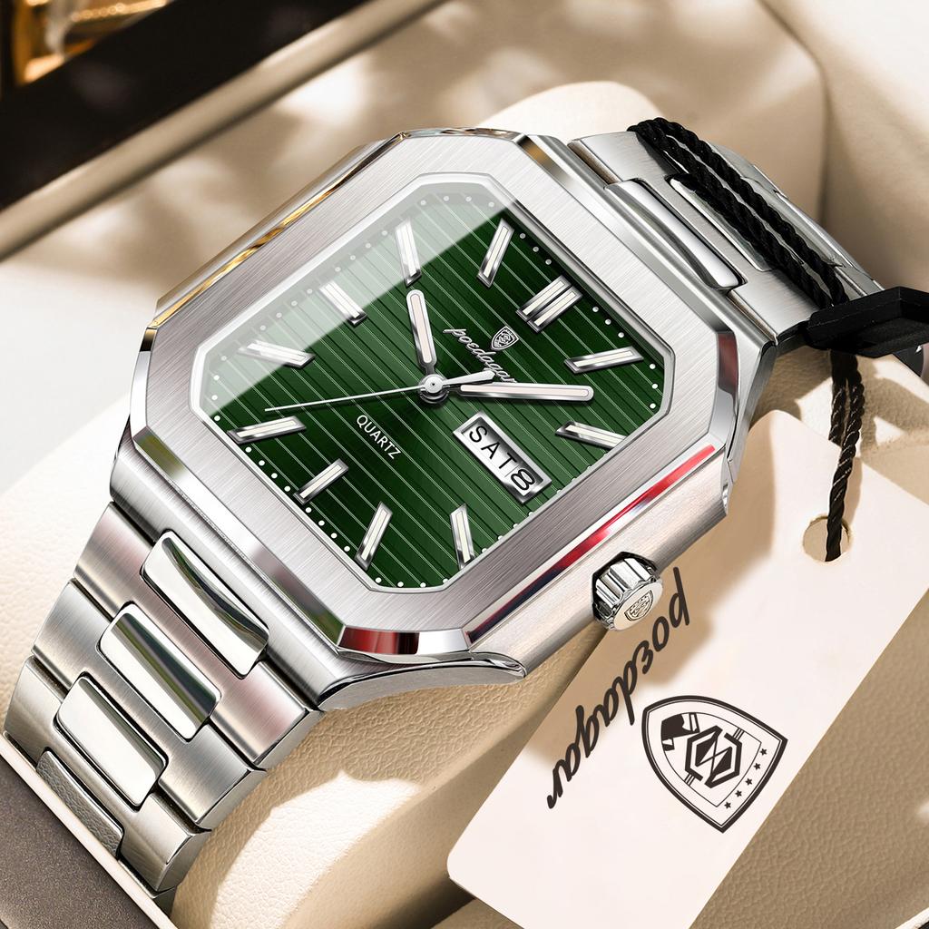 POEDAGAR Original Square Man Watch Waterproof Luminous Date Week Fashion Men Clock Stainless Steel Business Men's Quartz Watches