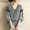 Women Embroidered Splice V-Neck Casual 3/4 Sleeve Blouse