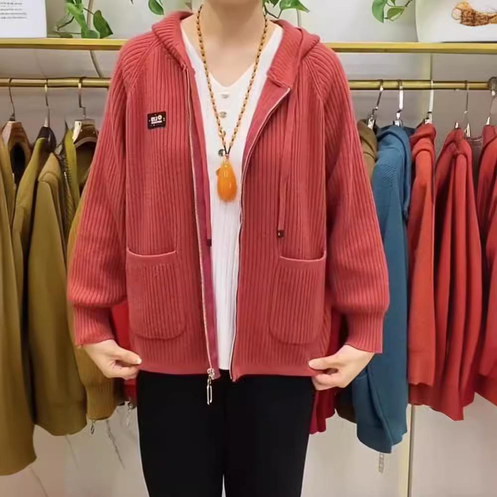 Осенне-зимний вязаный топ с капюшоном на молнии, свитер, кардиган, куртка для женщин среднего и пожилого возраста, для мам