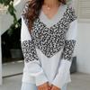 Autumn and Winter Women's Sweater Leopard Knit V-Neck Colorblocked Pullover Sweater Long Sleeve Top