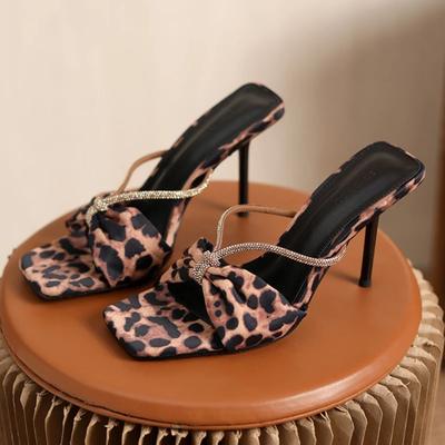 Модные Элегантные Шлепанцы с Бантом и Кристаллами, Узкий Ремешок, Женские Леопардовые Шлепанцы с Квадратным Носком, Фирменные Шлепанцы, Модные Банкетные Туфли