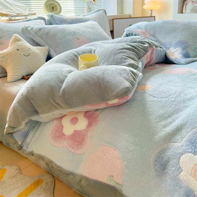 Cartoon Milk Velvet Four Piece Set Winter Three Piece Bedding Set with Velvet Children's Warm Thermal Storage Plush Quilt Cover