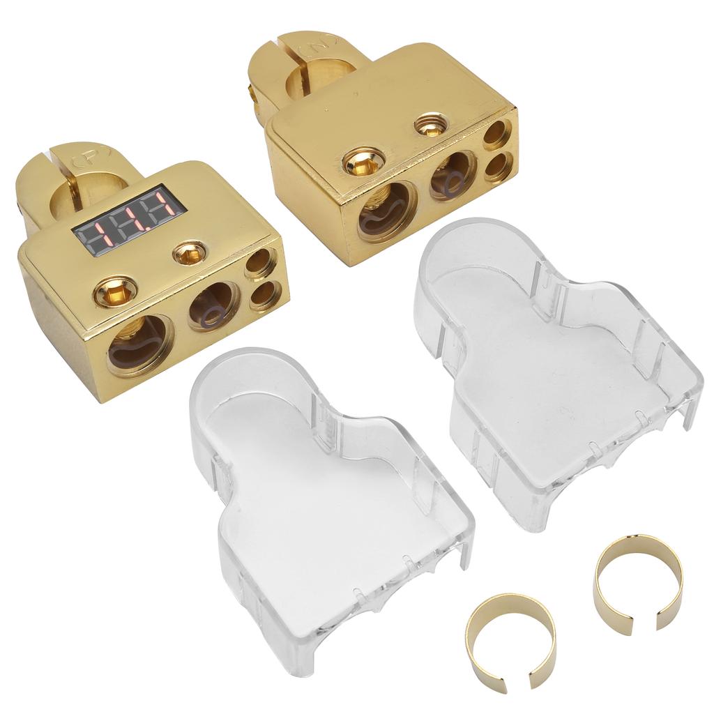 Car Battery Terminal Connectors Kit with Digital Voltmeter Display Stardand 0 4 8 10 AWG GaugeGold