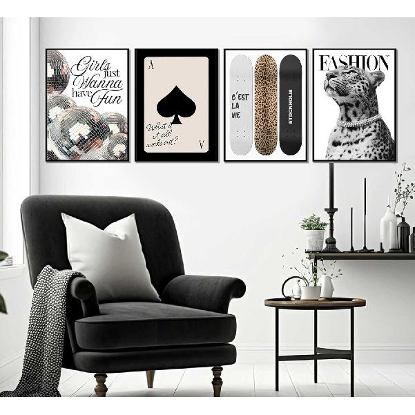Модное леопардовое настенное искусство в стокгольмском стиле Декор стен комнаты Шикарный Роскошный Мода Y2k Гепардовые Постеры Диско-шар Девочки Хотят Веселиться Фотографии Печать