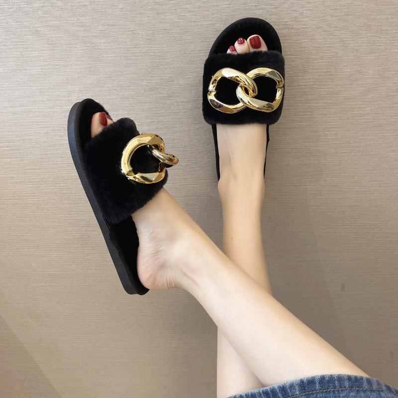 Мода 2024 Зима Новые женские домашние однотонные металлические украшения пушистые меховые хлопковые тапочки